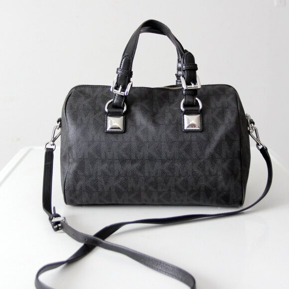 Michael Kors Grayson Medium Satchel Black Signature MK Monogram Logo Handbag - Picture 3 of 15